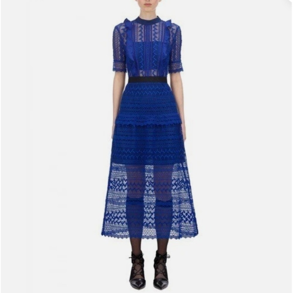 Self-Portrait Short Sleeve Geometric Lace Midi Dress Blue US 6